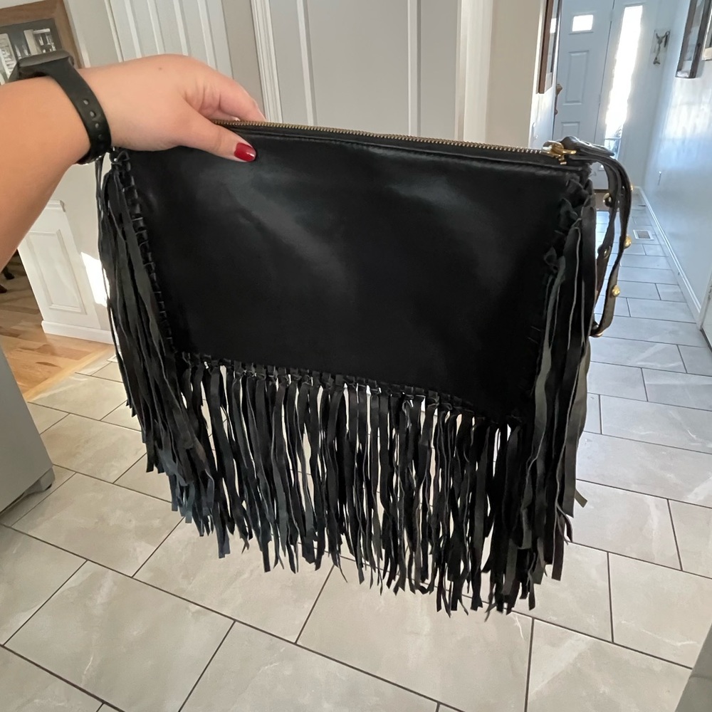 Karina Grimaldi Genuine Leather Fringe Wristlet Clutch Purse